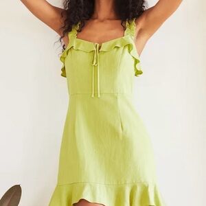 Lulus Lime Green Linen Blend Sleeveless Ruffle Dress-